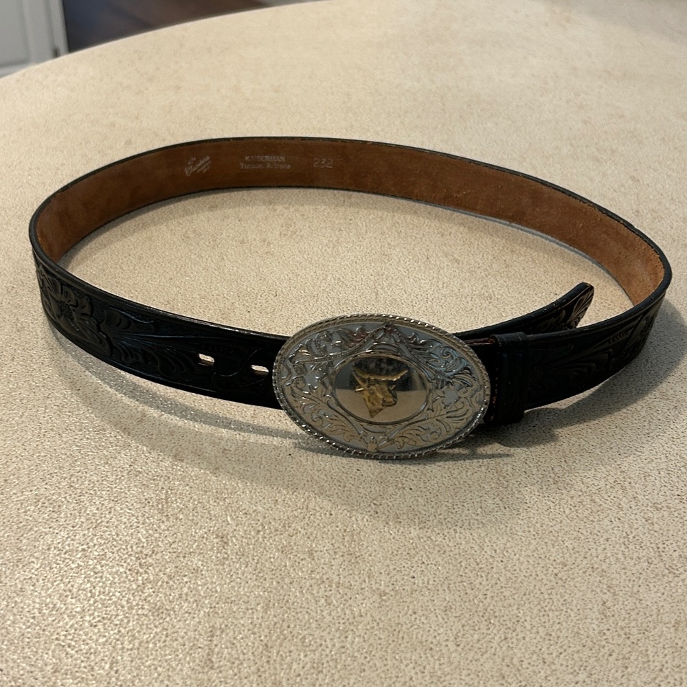 Chambers Black Leather Belt Vintage Size 34 Steer Head Buckle Tooled